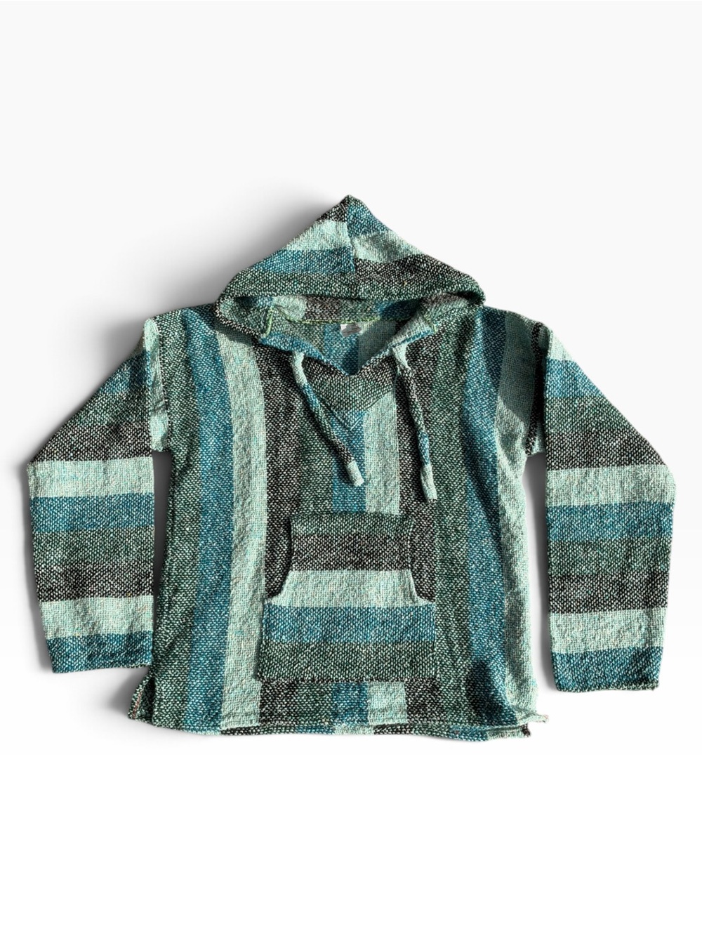 Artesanias Cuamatzi Baja Mexican Woven Hoodie Green Teal Size L